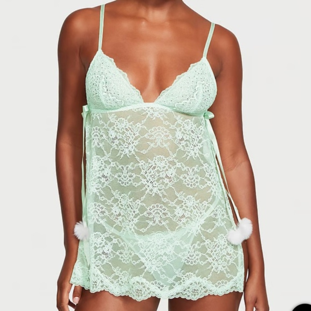 Victoria’s Secret Flyaway Lace Babydoll Set Mint Green | Medium
